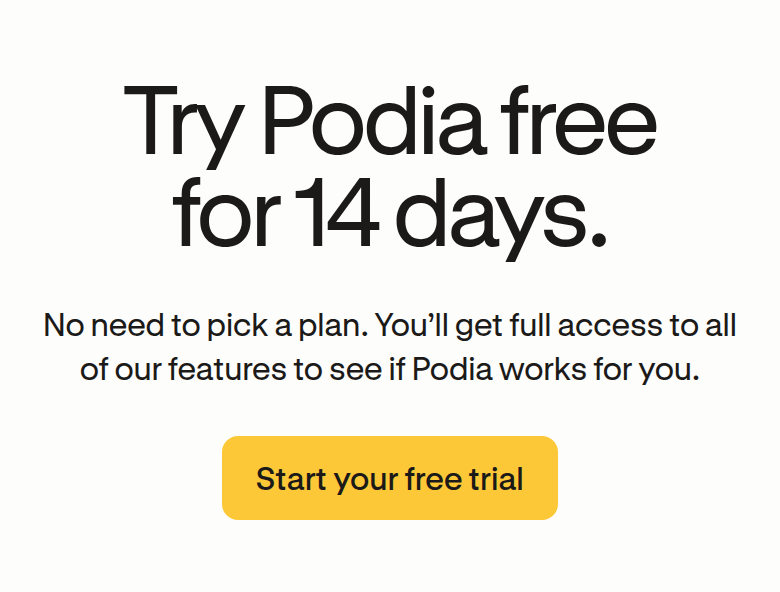 Free Trial CTA section from Podia, on a phone