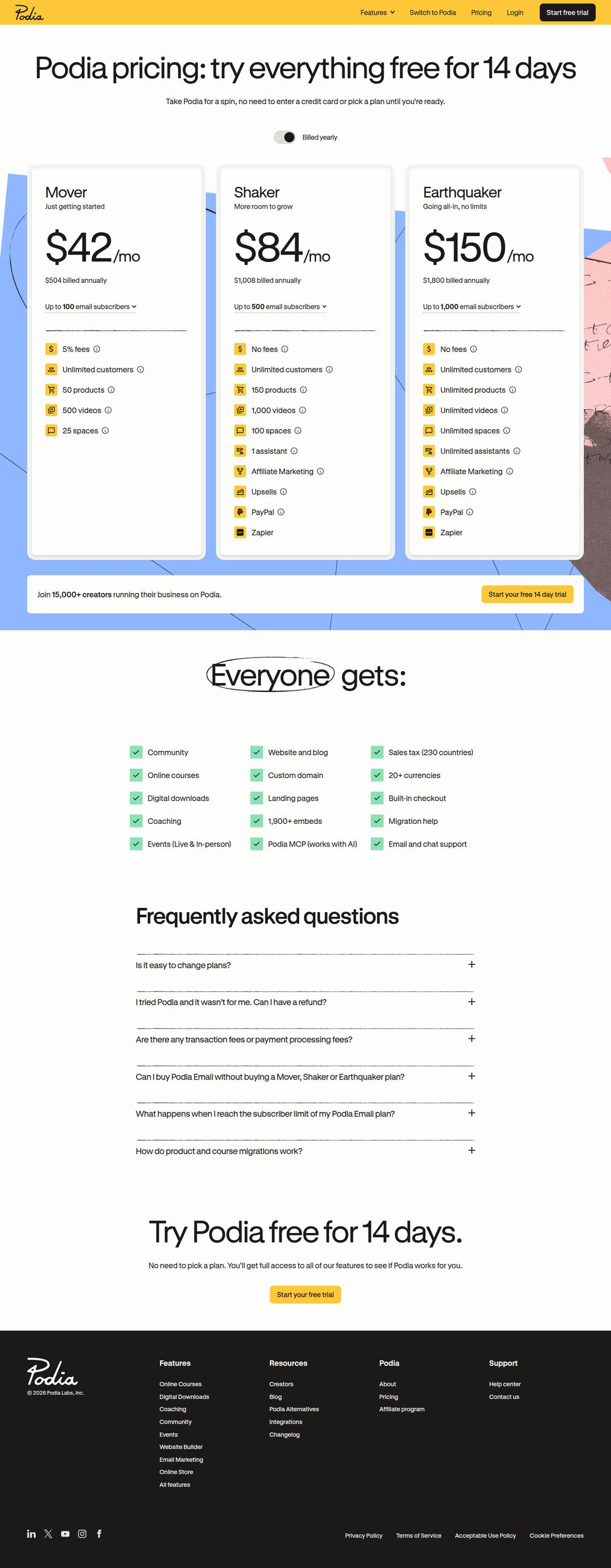 Pricing page of Podia
