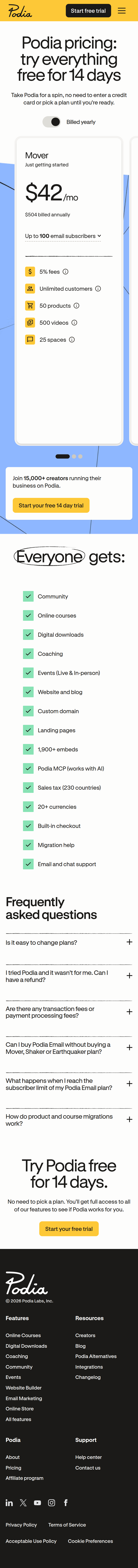 Pricing page of Podia, on a phone