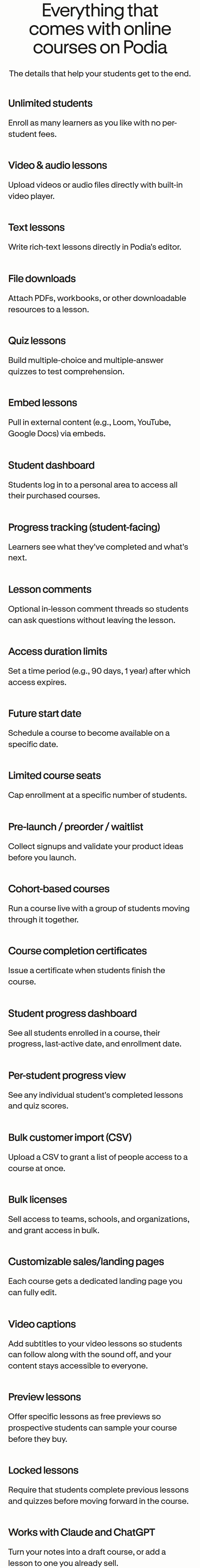 Everything Included section from Podia, on a phone
