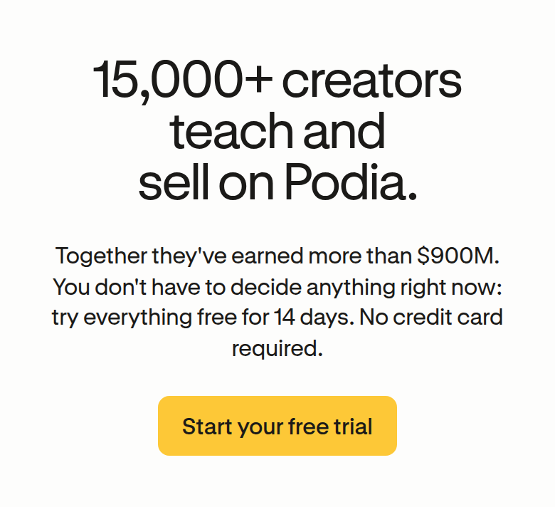 Free Trial CTA section from Podia, on a phone