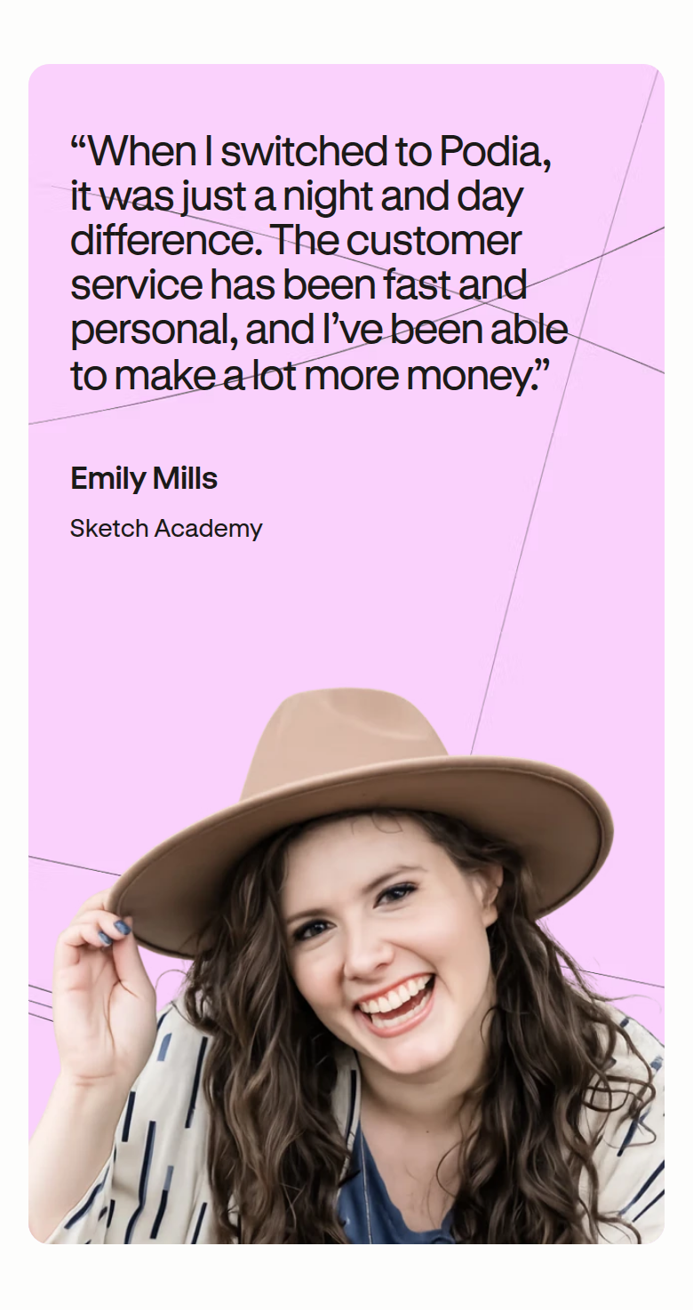Testimonial section from Podia, on a phone