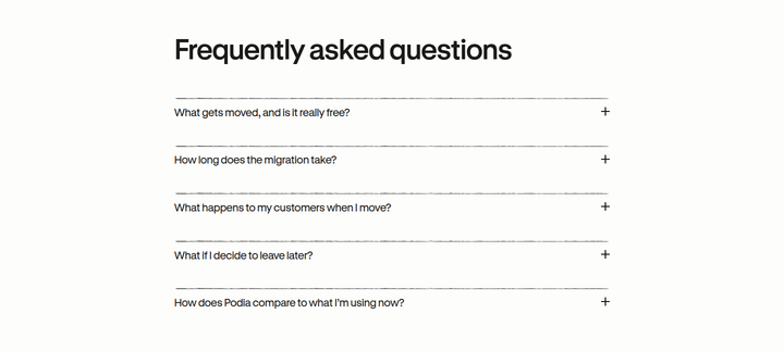 FAQs section from Podia