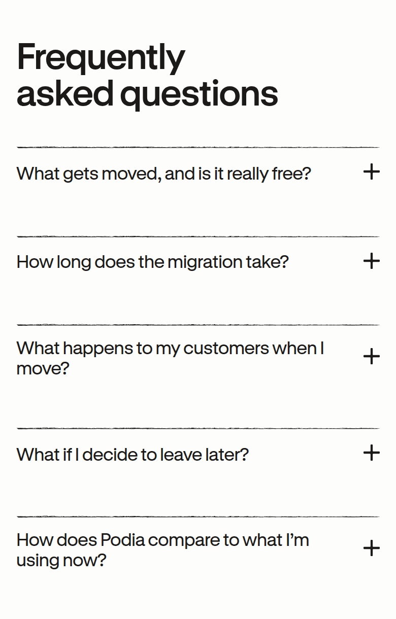 FAQs section from Podia, on a phone