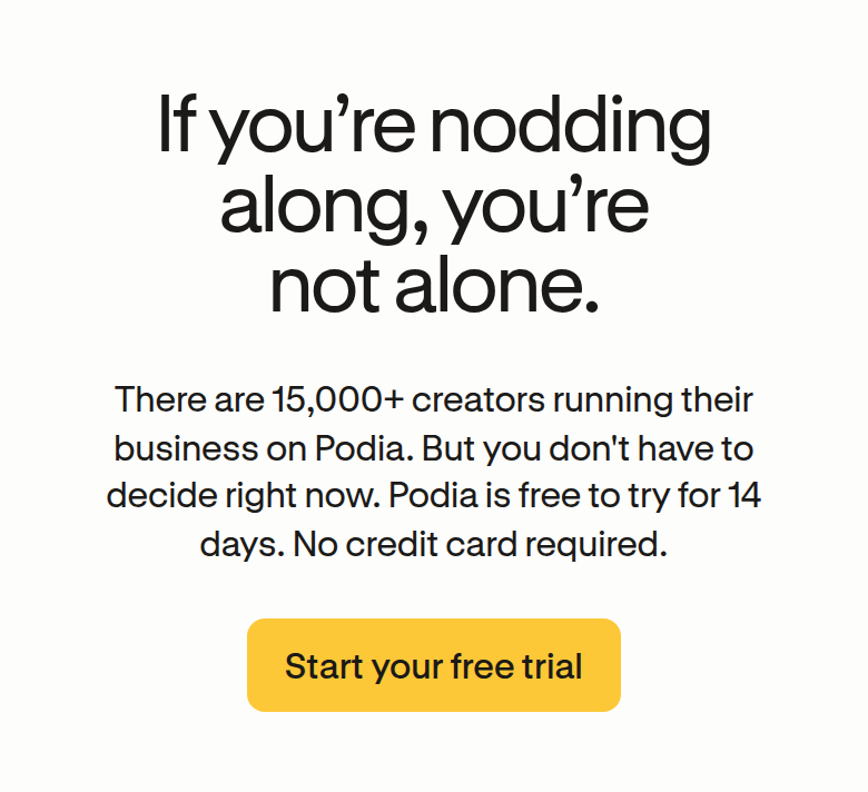 Final CTA section from Podia, on a phone