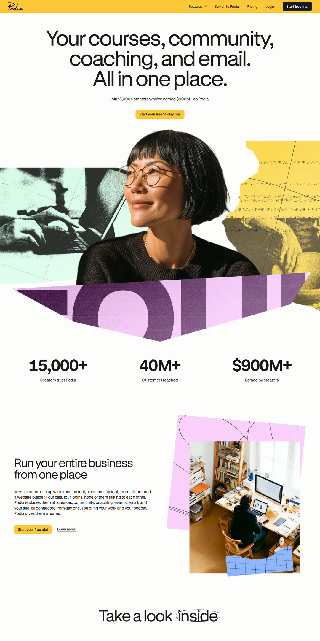 Home page of the Podia website