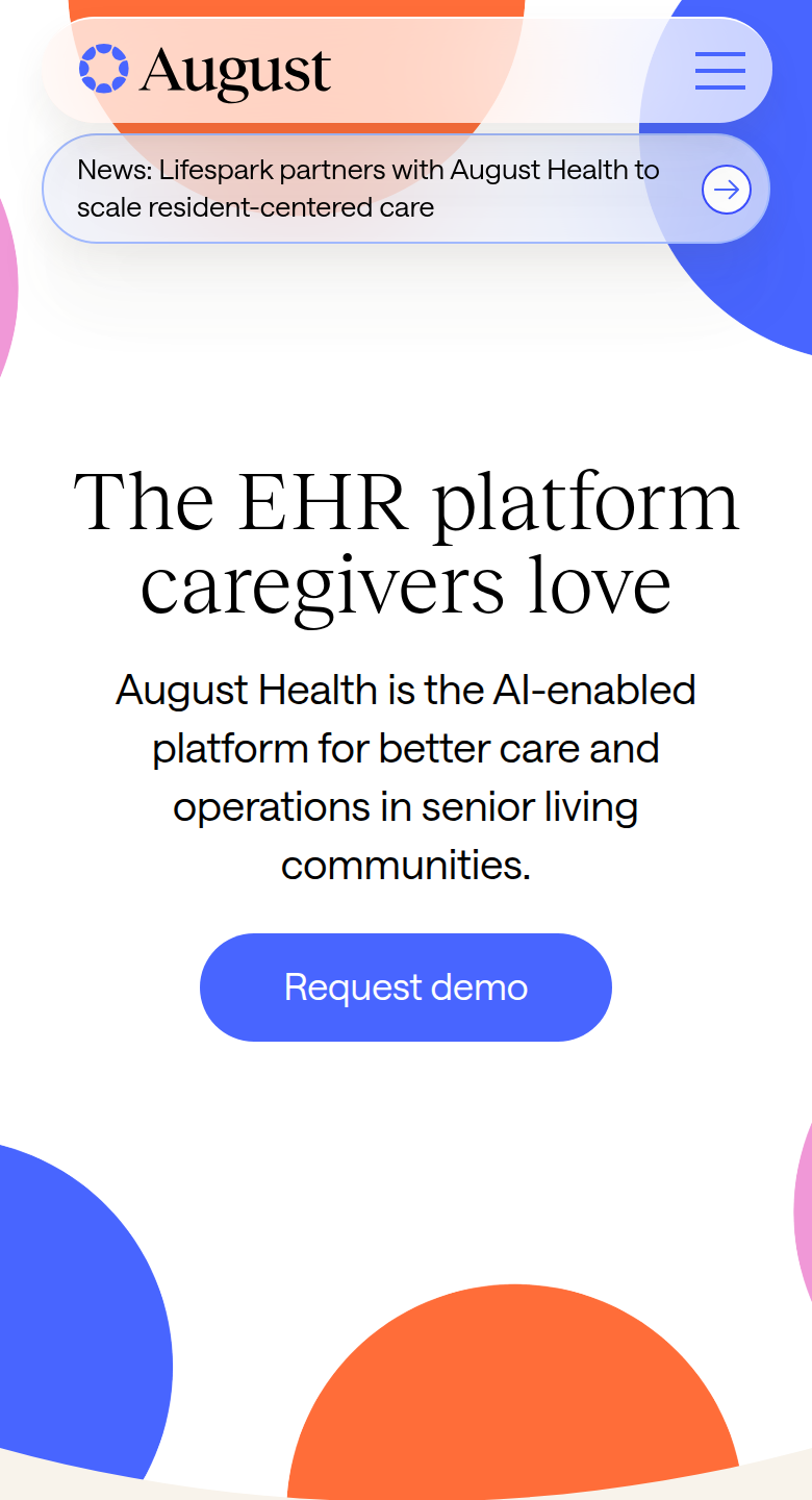 The EHR Platform Caregivers Love section from August Health, on a phone