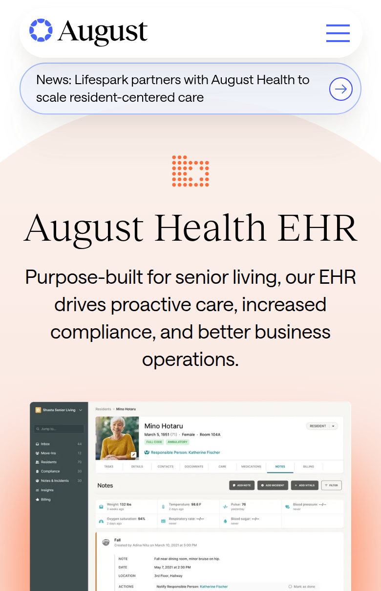August Health EHR section from August Health, on a phone
