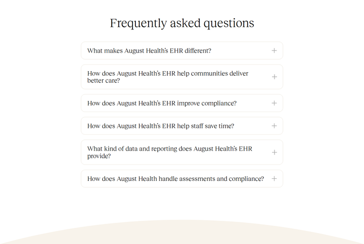 Frequently Asked Questions section from August Health