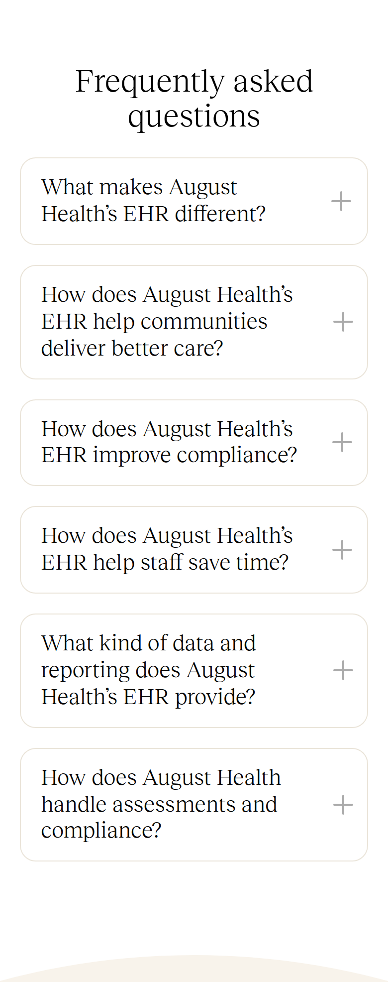 Frequently Asked Questions section from August Health, on a phone