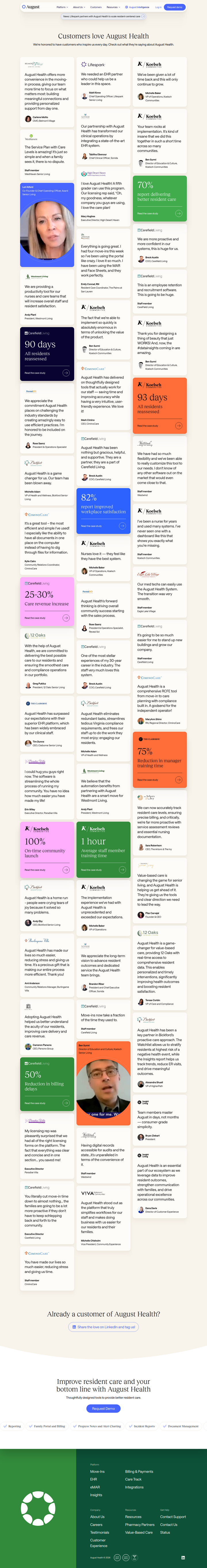 Customer Testimonials page from August Health