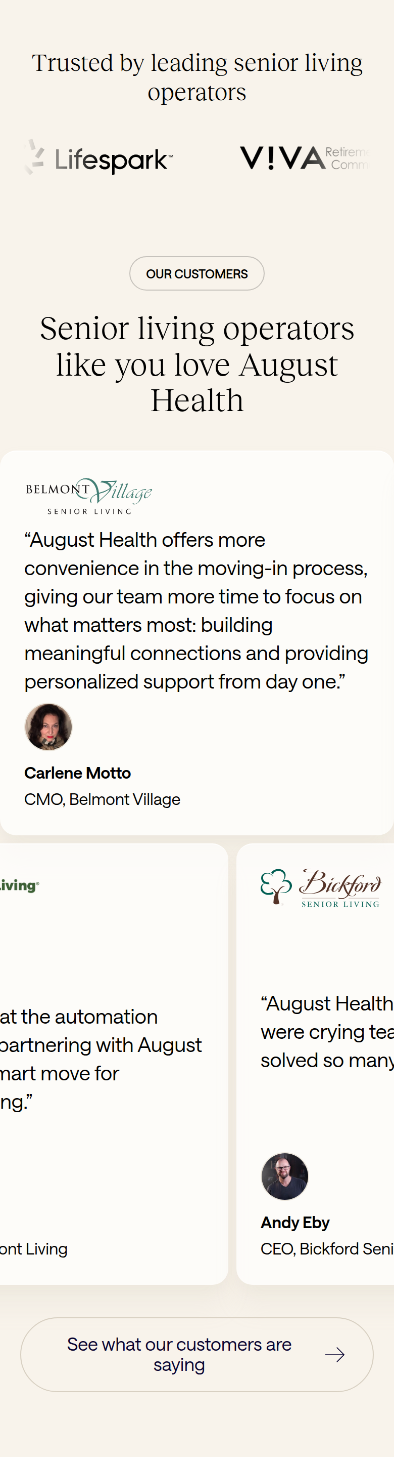 Senior Living Operators Like You Love August Health section from August Health, on a phone