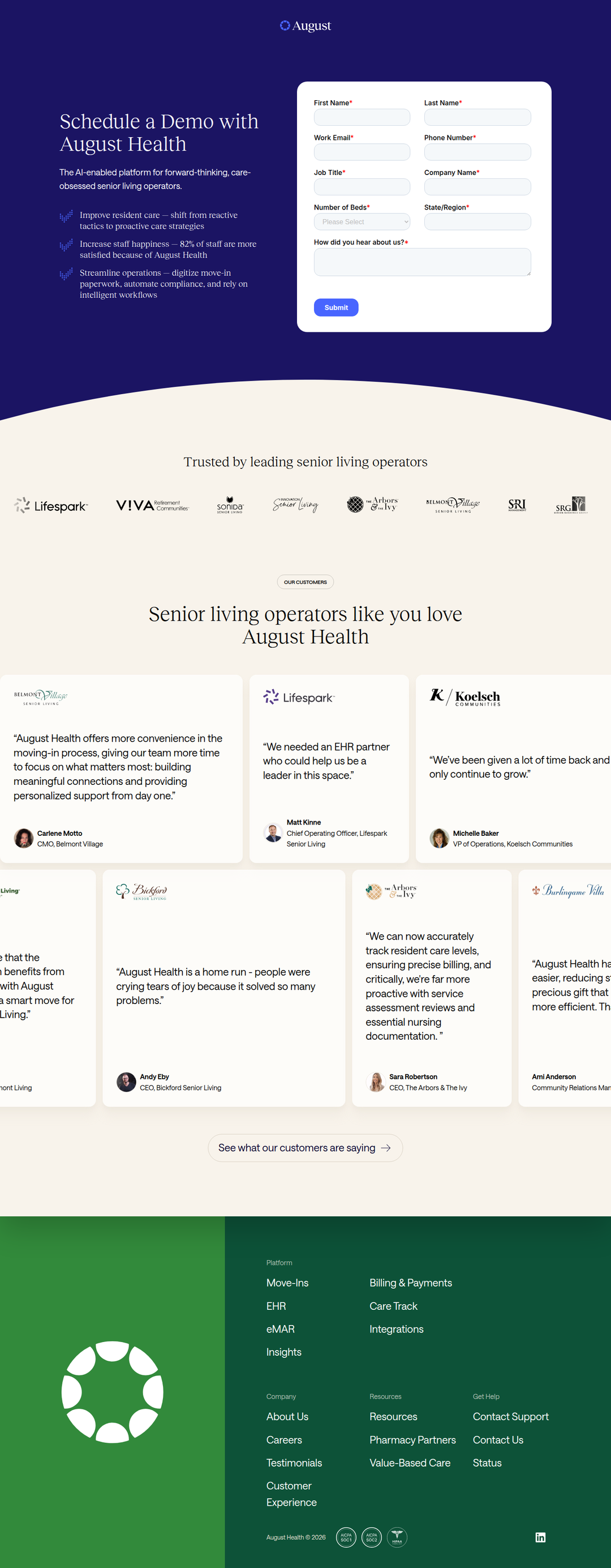 Schedule a Demo page of August Health