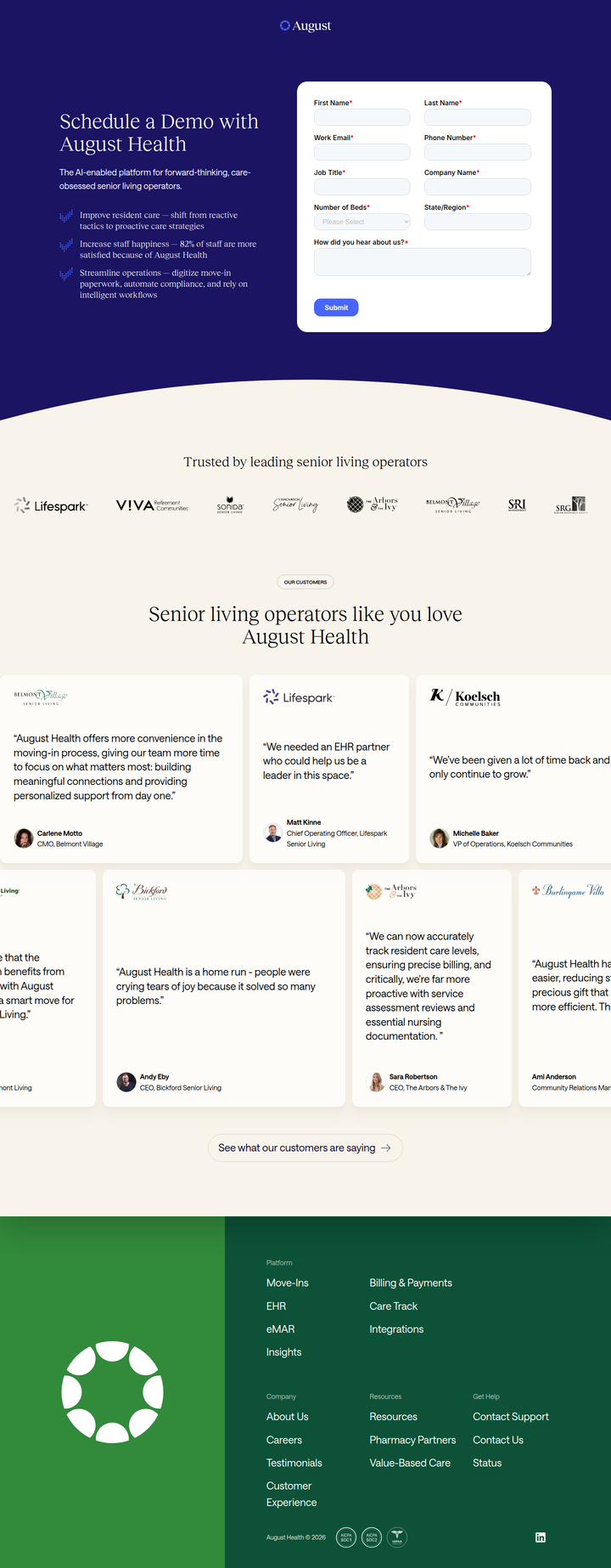 Schedule a Demo page from August Health