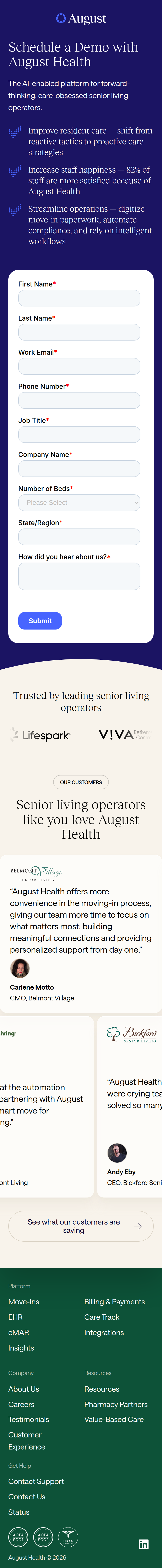 Schedule a Demo page of August Health, on a phone