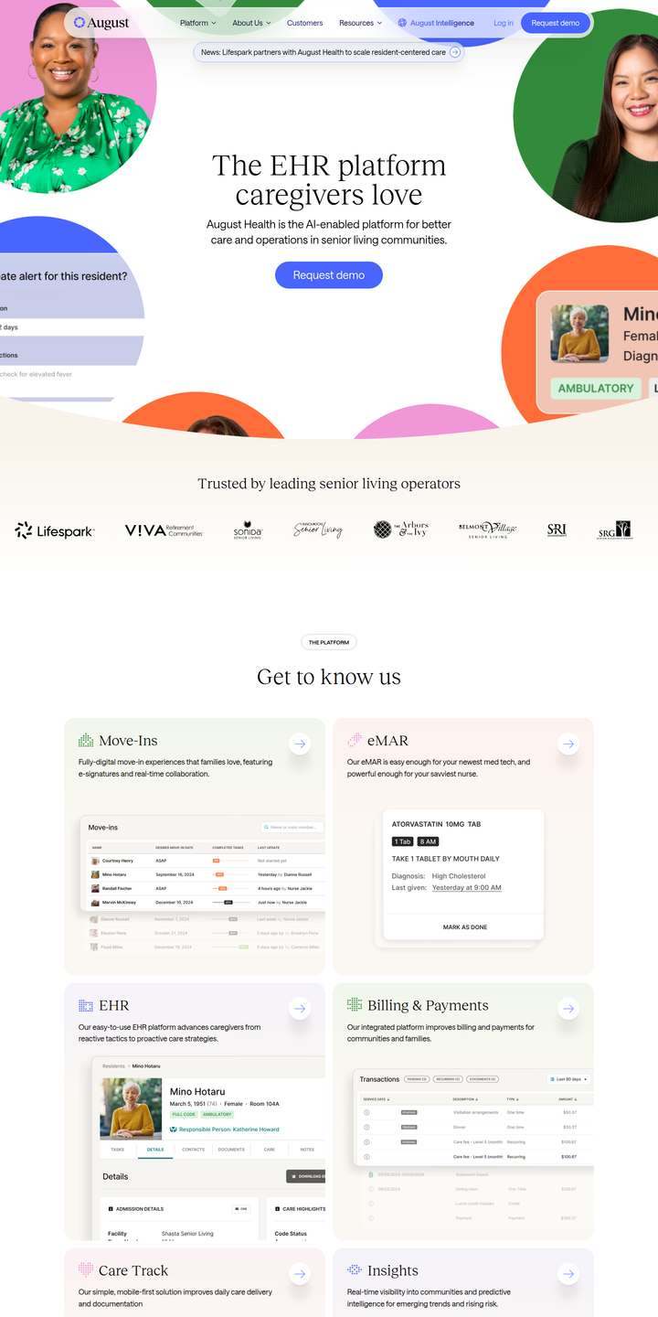 Home page of the August Health website