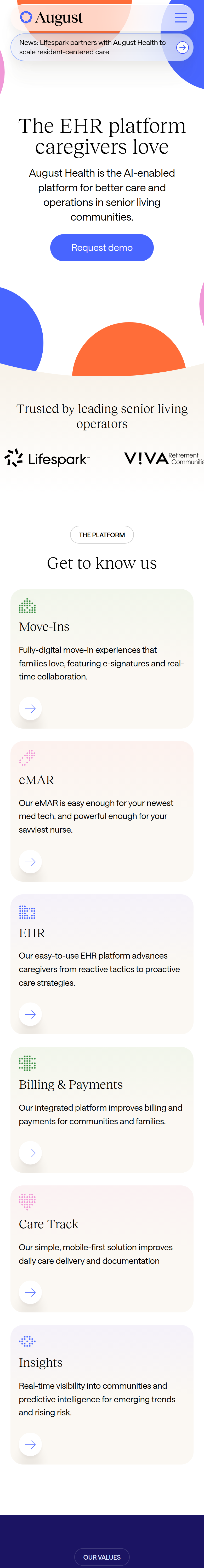 Home page of the August Health website, on a phone