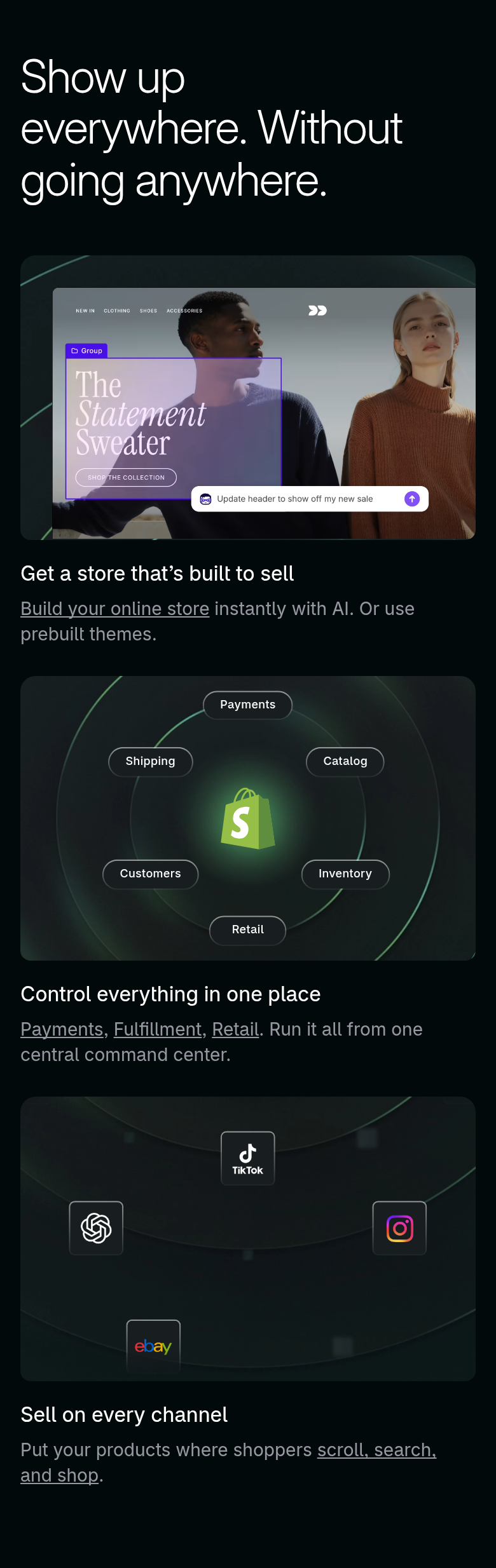 Show Up Everywhere section from Shopify, on a phone