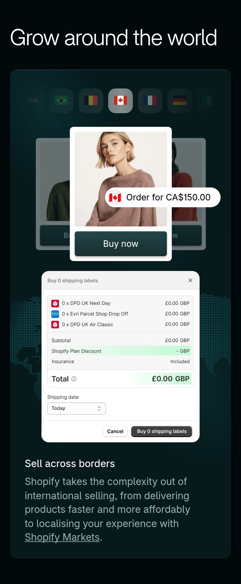 Grow Around the World section from Shopify, on a phone
