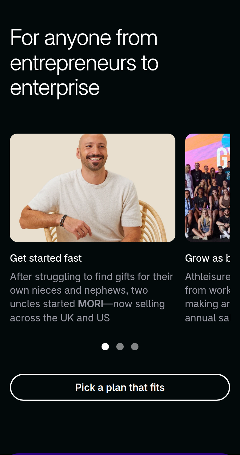 From Entrepreneurs to Enterprise section from Shopify, on a phone