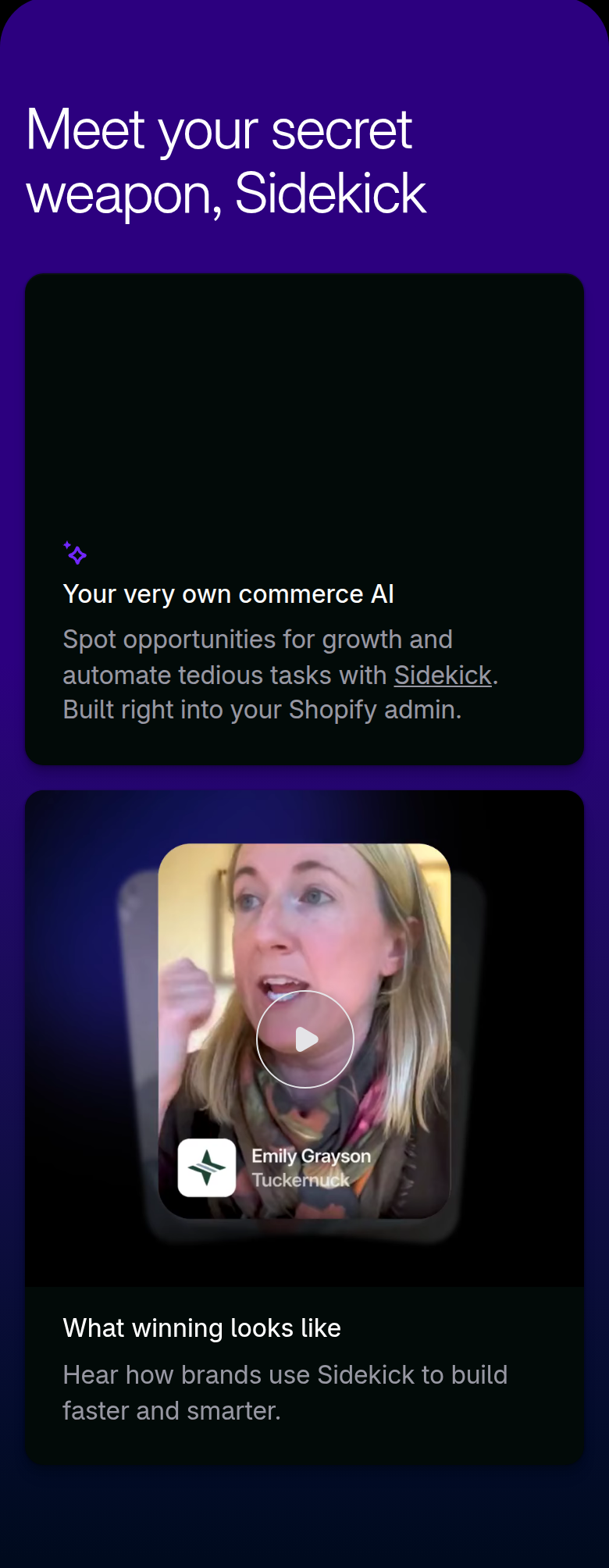 Sidekick section from Shopify, on a phone