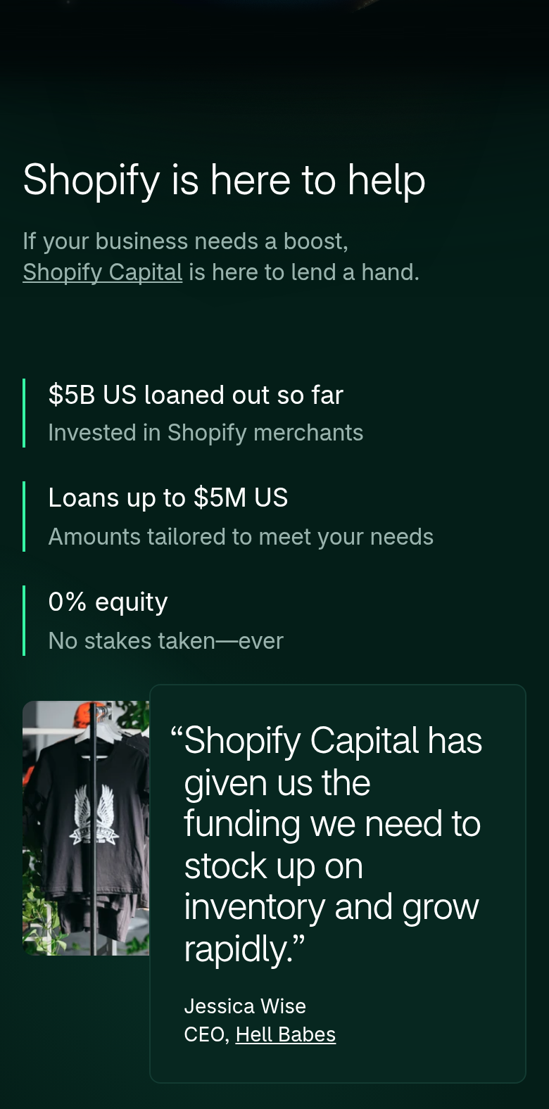 Here to Help section from Shopify, on a phone