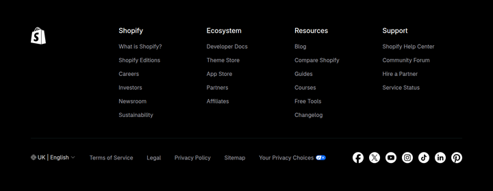 Footer section from Shopify