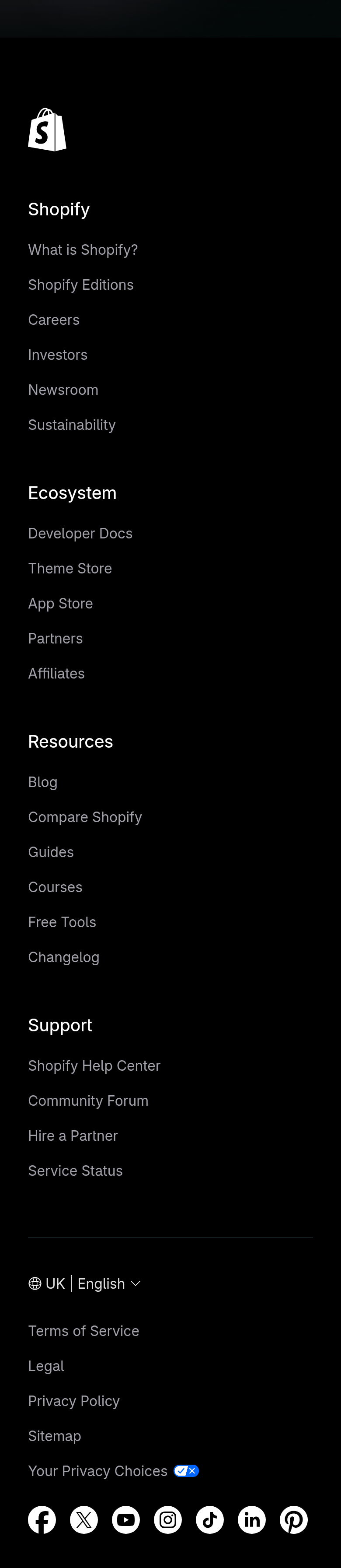 Footer section from Shopify, on a phone