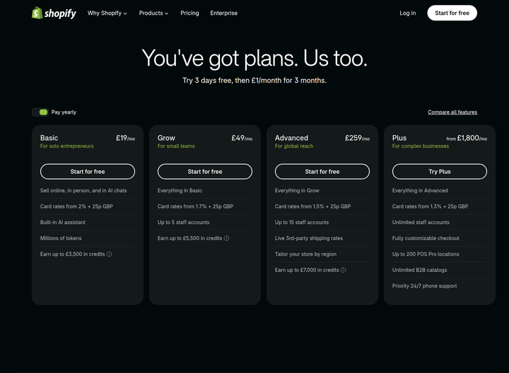 Plans section from Shopify