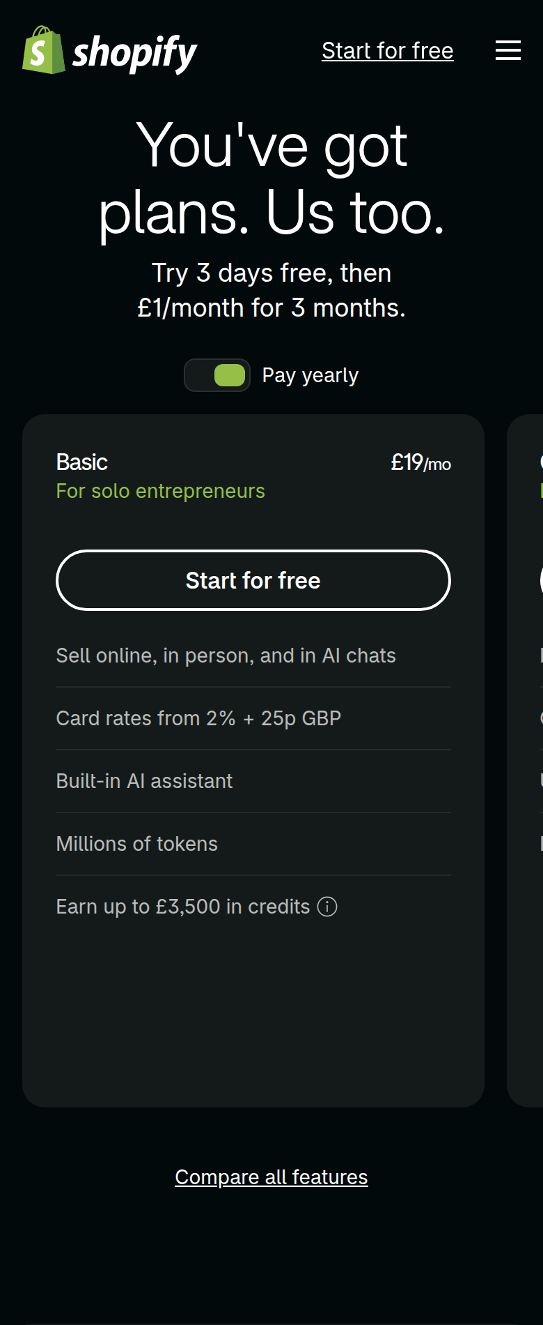 Plans section from Shopify, on a phone