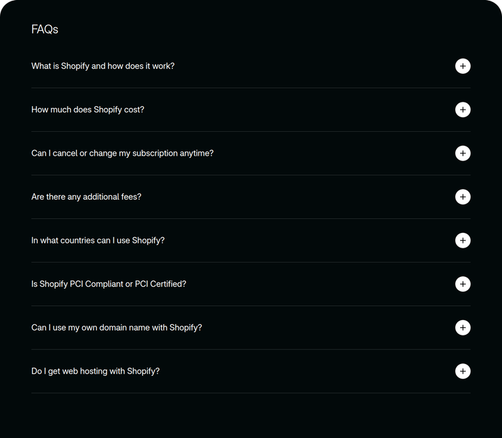 FAQs section from Shopify