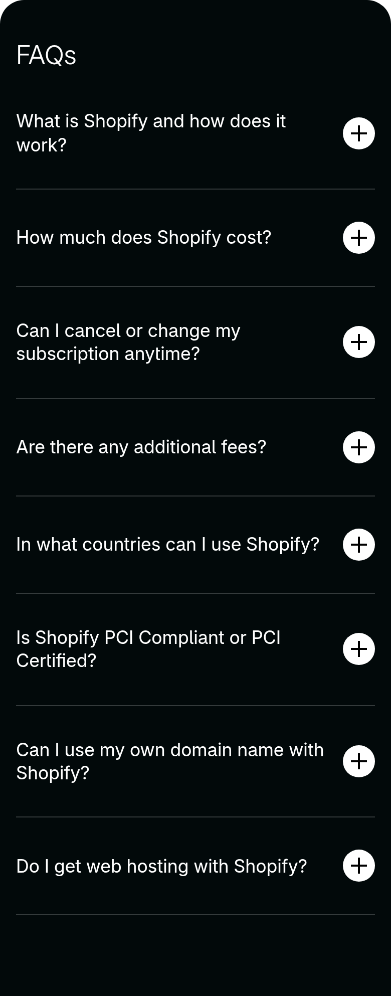 FAQs section from Shopify, on a phone