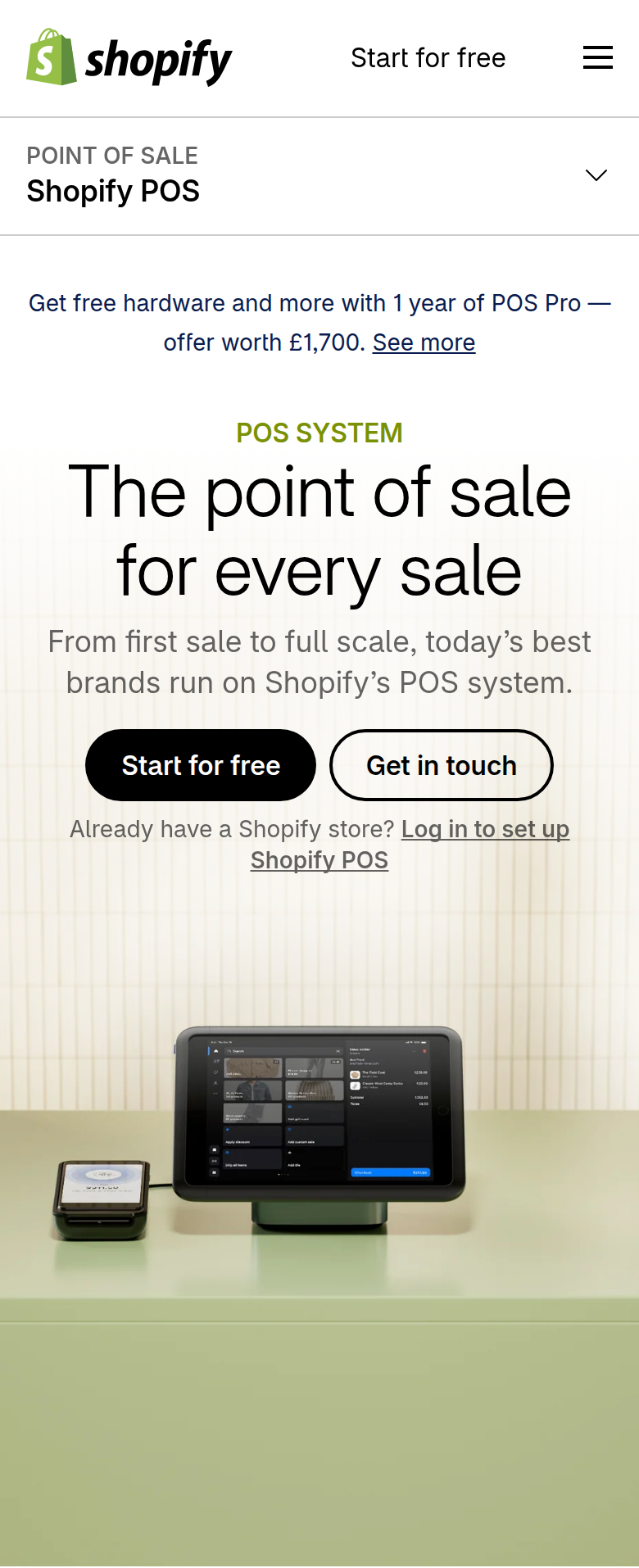 Hero section from Shopify, on a phone