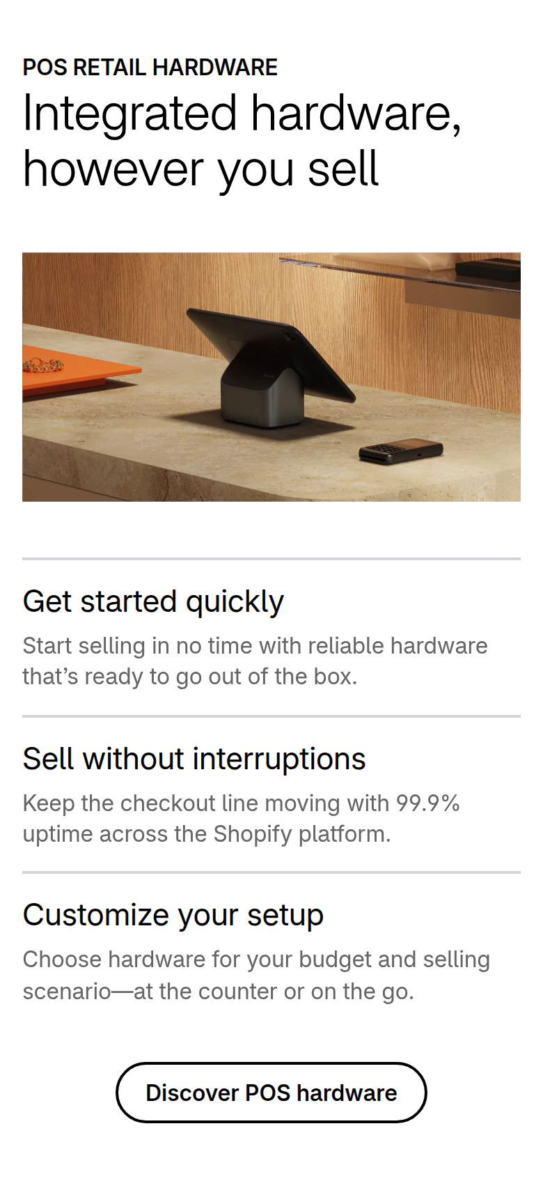 Integrated Hardware section from Shopify, on a phone