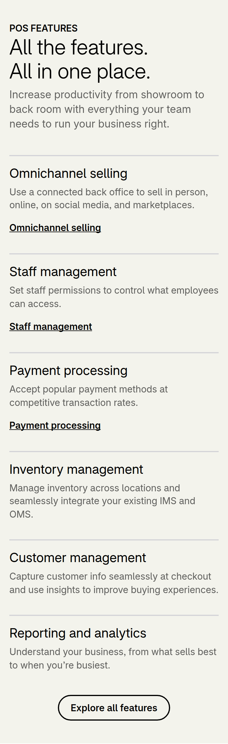 All the Features section from Shopify, on a phone