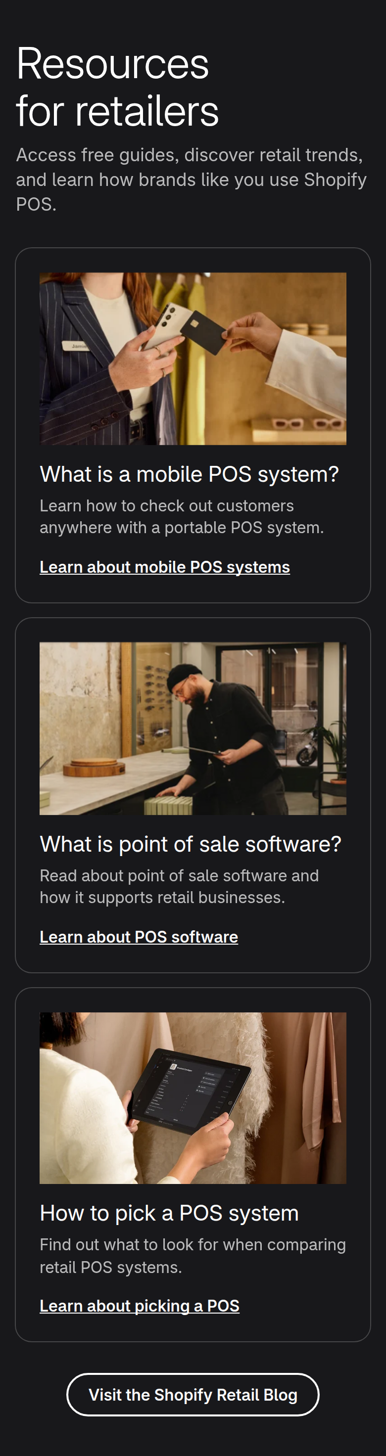 Resources for Retailers section from Shopify, on a phone