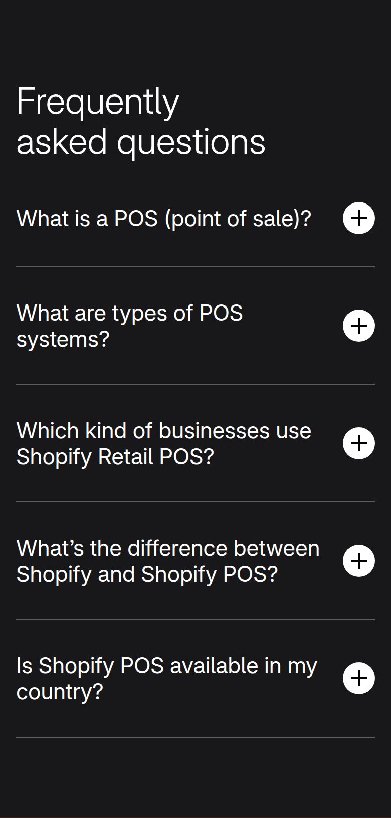 FAQs section from Shopify, on a phone