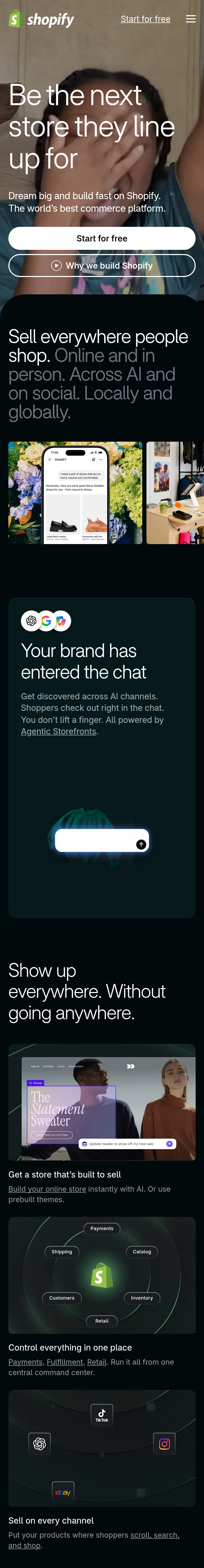 Home page of the Shopify website, on a phone