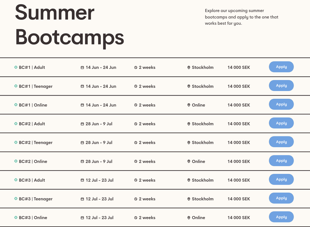 Summer Bootcamps section from Nod Coding Bootcamp