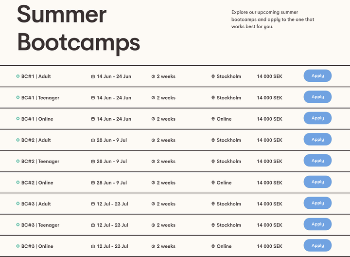 Summer Bootcamps section from Nod Coding Bootcamp
