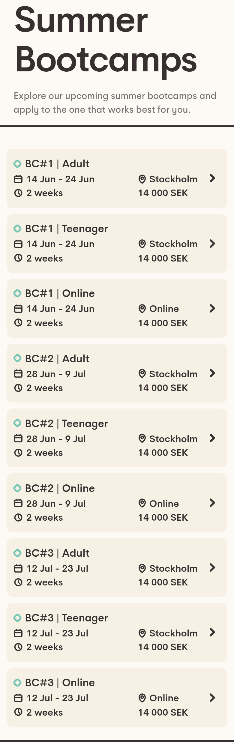 Summer Bootcamps section from Nod Coding Bootcamp, on a phone