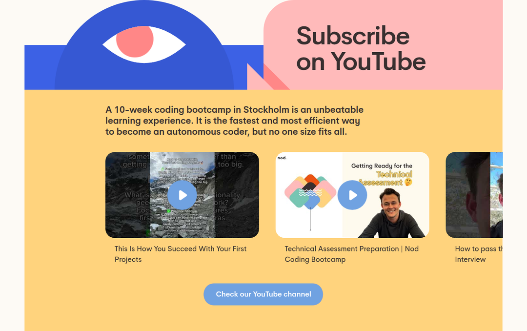 Subscribe on YouTube section from Nod Coding Bootcamp