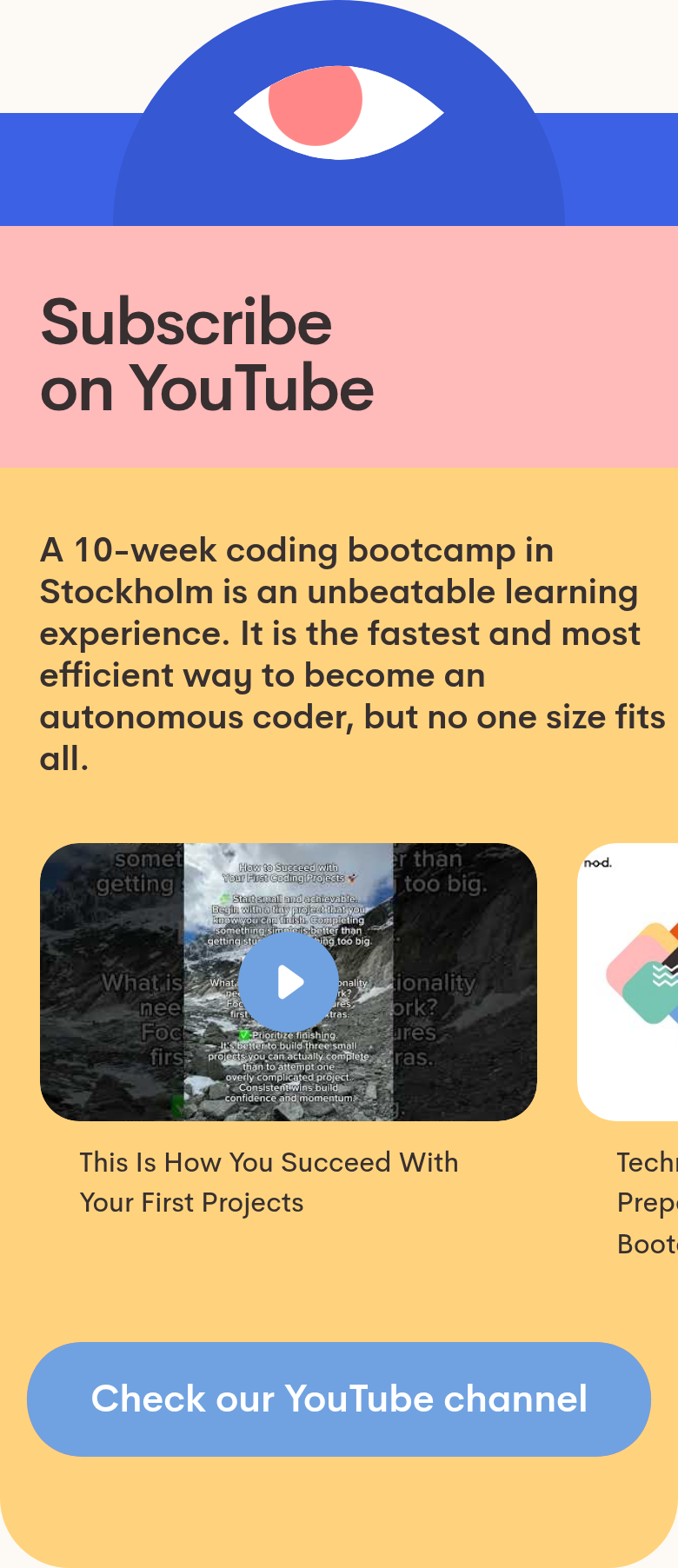 Subscribe on YouTube section from Nod Coding Bootcamp, on a phone