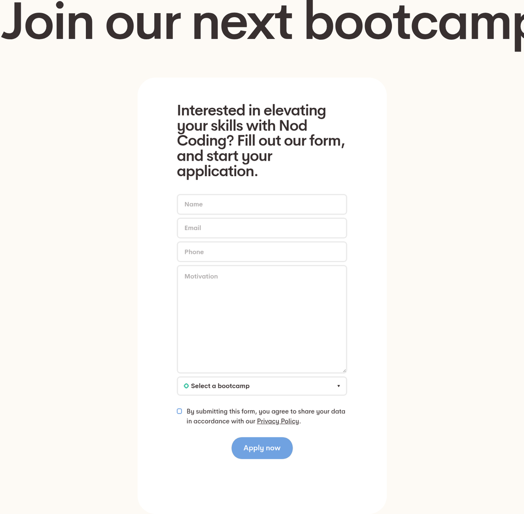 Join Our Next Bootcamp section from Nod Coding Bootcamp
