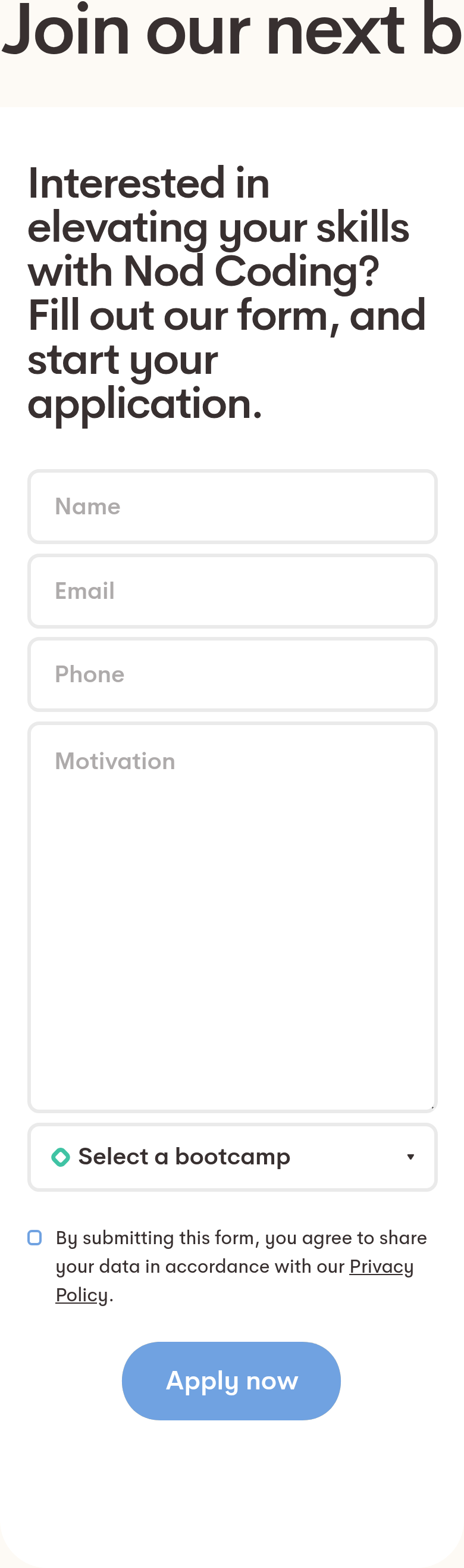 Join Our Next Bootcamp section from Nod Coding Bootcamp, on a phone