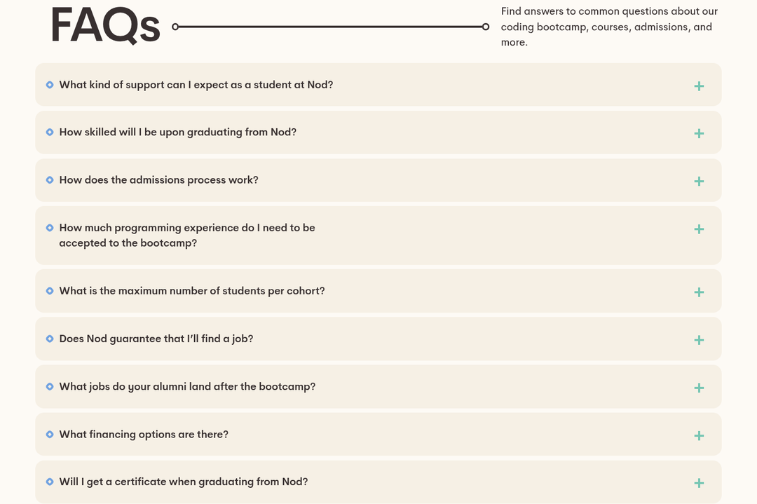 FAQs section from Nod Coding Bootcamp