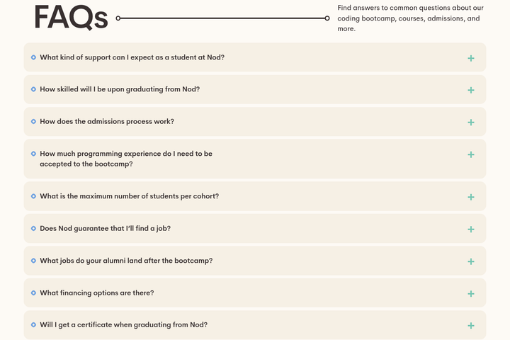 FAQs section from Nod Coding Bootcamp