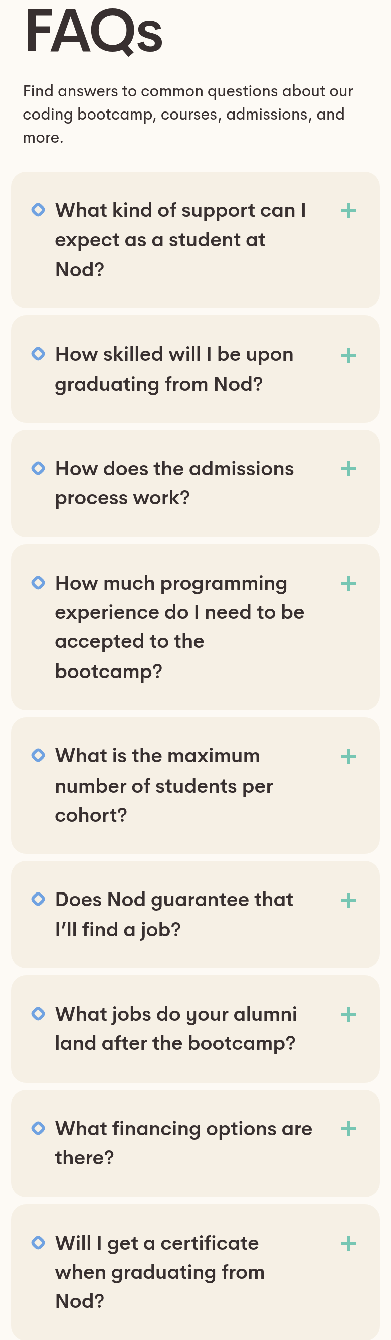 FAQs section from Nod Coding Bootcamp, on a phone