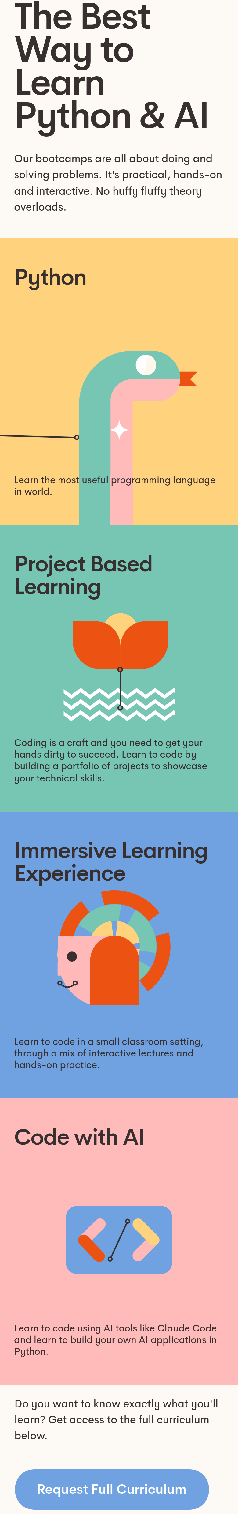 The Best Way to Learn Python & AI section from Nod Coding Bootcamp, on a phone