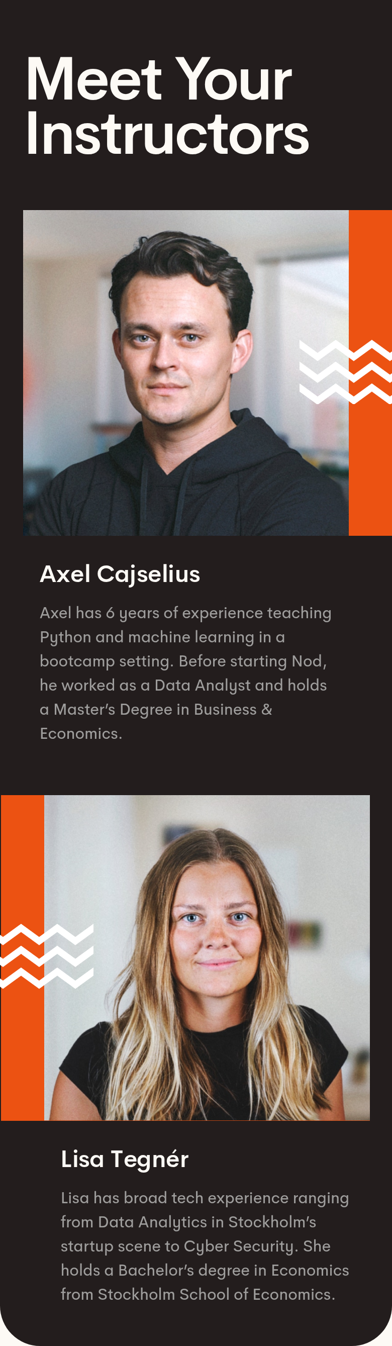 Meet Your Instructors section from Nod Coding Bootcamp, on a phone